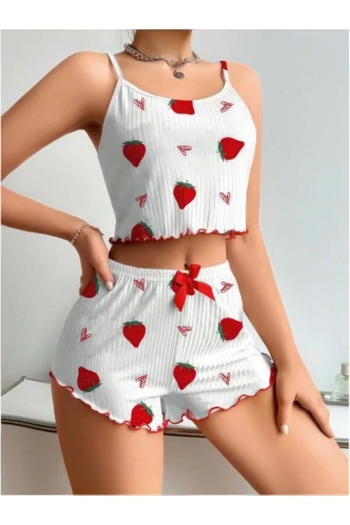 IVONA LINGERIE Beyaz Çilekli Askılı Şortlu Crop Takım ürün görseli 1