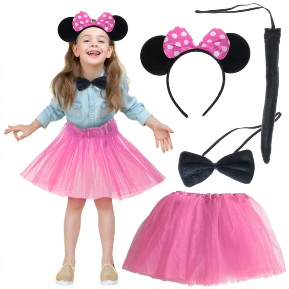 Mey İthalat® Minnie Kostüm Seti (Pembe Tütü Etek + Pembe Taç + Papyon + Kuyruk) ürün görseli 1