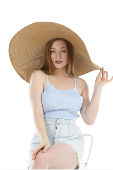 REVA Geniş Kenarlı Camel Hasır Şapka - Resim 3