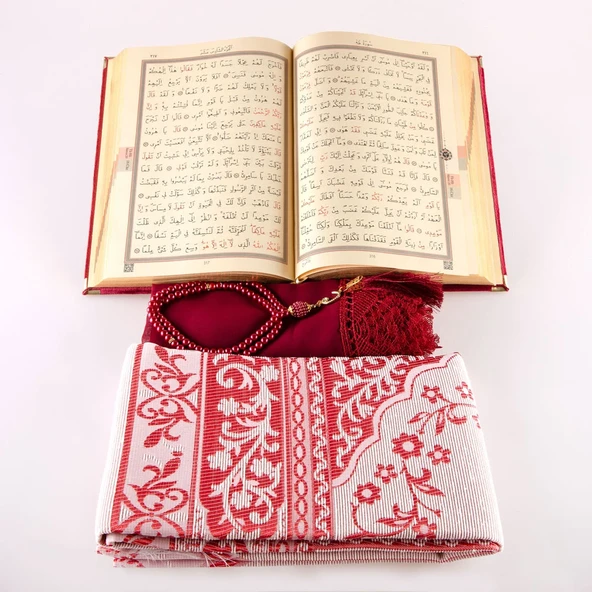 Şal + Seccade + Tesbih + Kuran Hediye Seti (Hafız Boy, Kadife, Bordo) ürün görseli 1