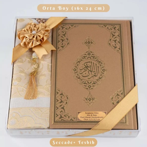 Kuran +  Seccade +  Tesbih Hediye Seti (Orta Boy, Ekonomik Cilt, Desenli Kutu, Gold) ürün görseli 1