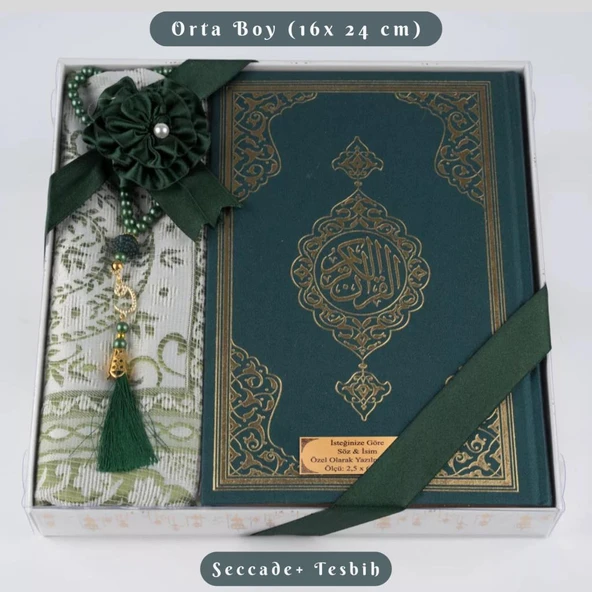 Kuran +  Seccade +  Tesbih Hediye Seti (Orta Boy, Ekonomik Cilt, Desenli Kutu, Yeşil) ürün görseli 1