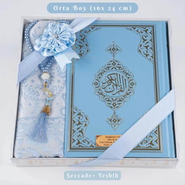 Kuran +  Seccade +  Tesbih Hediye Seti (Orta Boy, Ekonomik Cilt, Desenli Kutu, Açık Mavi) ürün görseli 1