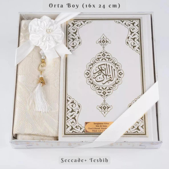 Kuran +  Seccade +  Tesbih Hediye Seti (Orta Boy, Ekonomik Cilt, Desenli Kutu, Beyaz) ürün görseli 1