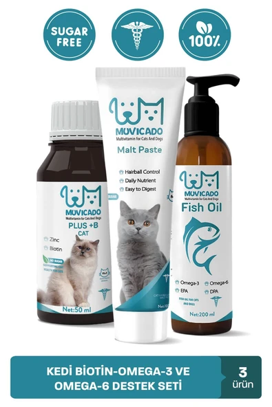 muvicado Kedi Tüy Sağlığı Destekleyici Güçlendirilmiş Set (Damla-Balık Yağı-Kedi Tüy Yumağı Önleyici Malt) ürün görseli 1