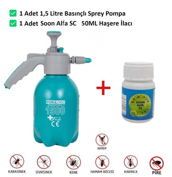 ARTI İLAÇLAMA Soon Alfa sc 50ml Böcek Karınca Örümcek Haşere Kene İlacı Kokusuz ve 1.5lt Basınçlı Pompa ürün görseli 1