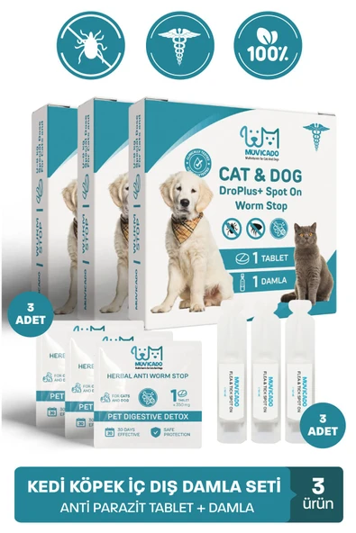 muvicado Kedi Köpek Herbal Worm Stop Bitkisel Tablet 250 mg+ Anti Spot On Bitkisel Damla 1 ml Bit Pire Kene ürün görseli 1