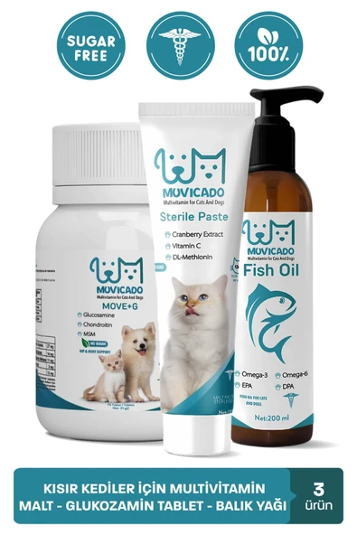 muvicado Kısır Kedi Eklem Sağlığı Destekleyici Takviye Seti Glukozamin Tablet Multivitaminli Malt Balık Yağı ürün görseli 1