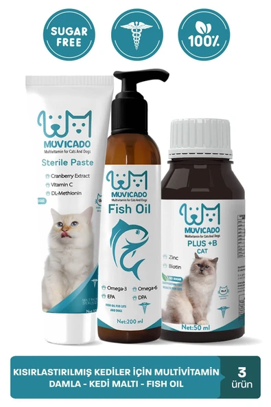 muvicado Kısır Kedi Vitamin Desteği Özel Takviye Seti Biotin-Çinko Damla Multivitaminli Malt Balık Yağı ürün görseli 1