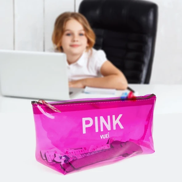 VUKI SEFFAF KALEM CANTASI UCGEN PEMBE VK-0115-06 ürün görseli 1