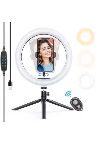 SMAYLİNG Bluetooth Kumandalı 10 İnç LED Tripodlu Makyaj ve Video Işığı Telefon Tutucu + Uzaktan Kumanda Işığı ürün görseli 1