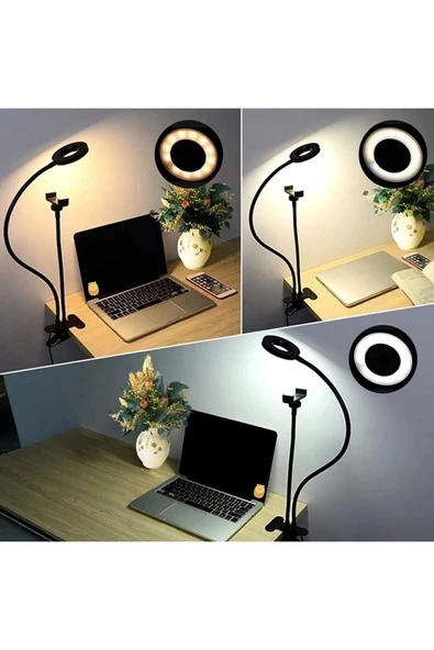 SMAYLİNG Mobil Telefon Tutucu Standı Uzun Kol Esnek Masaüstü Fotoğraf 3 Modları Kısılabilir Led Selfi Işığı ürün görseli 1