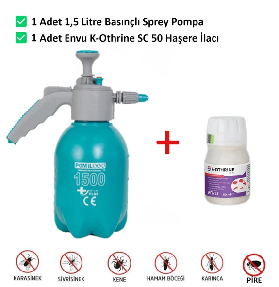 Envu K-othrine Sc50 50ml Haşere İlacı Ve 1,5LT Basınçlı Pompa Hamam Böceği, Kalorifer Böceği, Pire, Kene, Tahtakurusu, ürün görseli 1