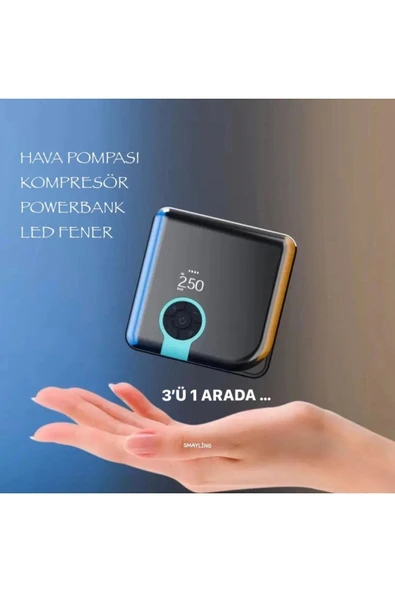 SMAYLİNG Dijital Göstergeli Fonksiyonel Şişirme Pompası Hava Kompresörü Powerbank 4000mah Led Işık ürün görseli 1