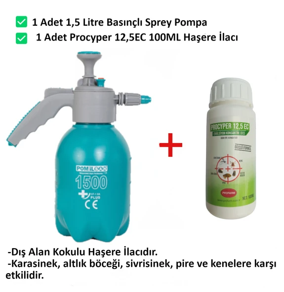 Procyper 12,5 Ec Kokulu Dış Alan Haşere Ilacı 100ML ve 1,5lt Basınçlı Pompa, Sivrisinek, Karasinek, Kene, Pire, Altıkböceği ürün görseli 1