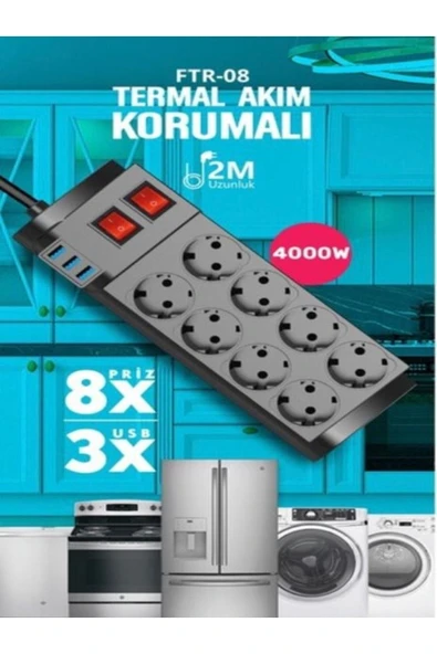 SMAYLİNG Termal Akım Korumalı 8'li Grup Priz, Isıya Karşı Dayanıklı, 8xPriz 3 x USB - 2 Metre Kablo Uzunluğu ürün görseli 1