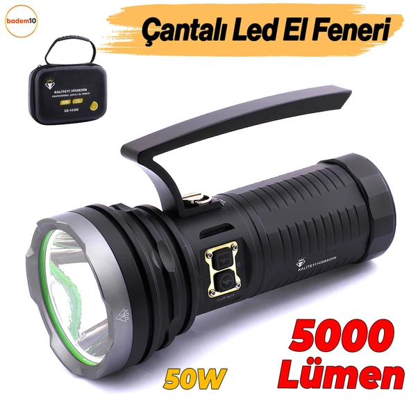 El Feneri 5000 Lümen Uzun Menzil 50W Li-ion 4 x 3200 mAh Şarjlı Powerbank Ledli Su Geçirmez Kamp ürün görseli 1