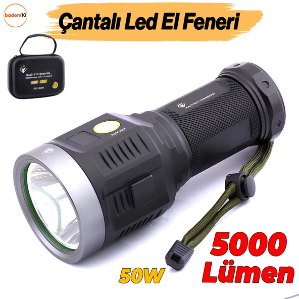 El Feneri Uzun Menzil 5000 Lümen 50W Li-ion 8000 mAh Şarjlı Powerbank Ledli Parlak Su Geçirmez Kamp ürün görseli 1
