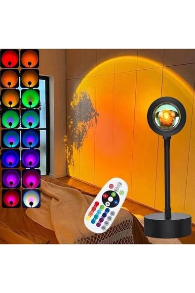SMAYLİNG Gece Lambası Projektör Kumandalı Gün Batımı 16 Farklı Görüntü Sunset Lamp Ev Ofis Cafe Dekor ürün görseli 1