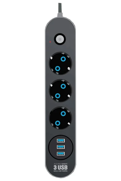 SMAYLİNG Termal Akım Korumalı 3lü Priz 3usb, 2mt Kablo Aç Kapa Anahtar 2500 Watt ürün görseli 1