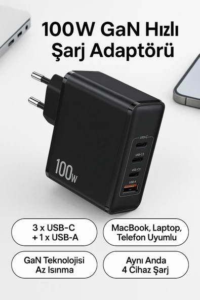 SMAYLİNG 100W GaN Hızlı Şarj Adaptörü | 3x USB-C + 1x USB-A | Laptop MacBook Telefon Uyumlu ürün görseli 1