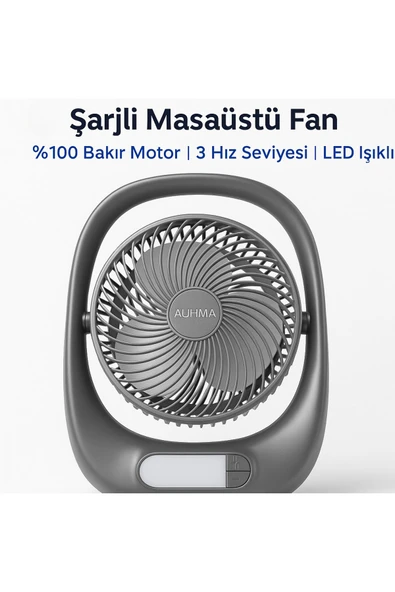 SMAYLİNG Şarjlı Masaüstü Fan – LED Işıklı, 3 Kademeli Hız, 180° Ayarlanabilir Başlık, Sessiz ve Taşınabilir ürün görseli 1