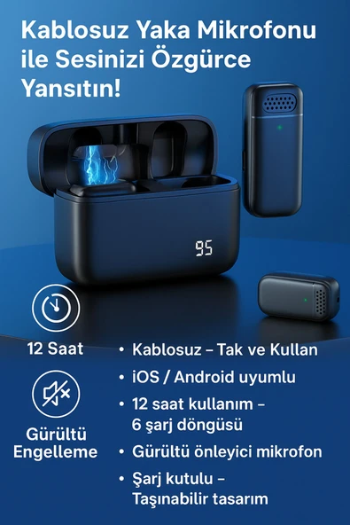 SMAYLİNG Kablosuz Yaka Mikrofonu iOS Android Uyumlu Şarjlı 12 Saat Kullanım Gürültü Önleyici typ-c ürün görseli 1