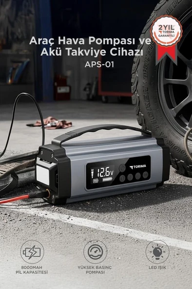Araç Hava Kompresörü Akü Takviyeli Marş Özellikli Dijital Ekranlı Işıklı Taşınabilir Kompresör APS01 ürün görseli 1