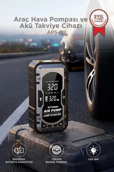 Araç Hava Kompresörü Akü Takviyeli Powerbank Dijital Ekranlı Işıklı Taşınabilir Kompresör APS02 ürün görseli 1