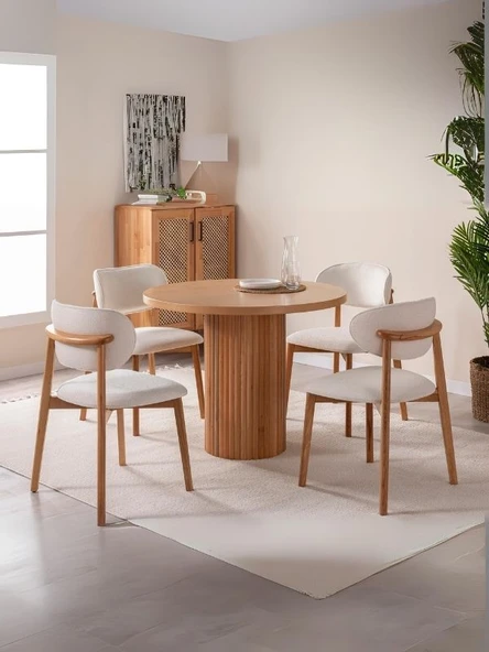 Boho İskandinav Natural Ahşap Masa Sandalye Takımı 90x90 ürün görseli 1