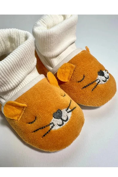 Fitilli Bilekli Sevimli Bebek Patik Model Peluş Kumaşlı (Açık Kahverengi) ürün görseli 1