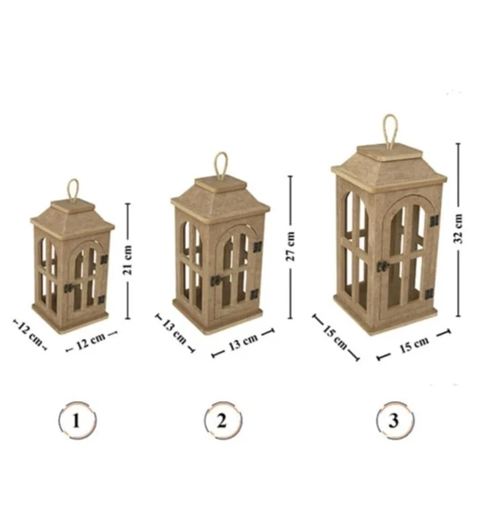 Ahşap Mdf Boyanabilir Dekoratif Fener Şamdan Mumluk( 3' Lü Set ) ürün görseli 1