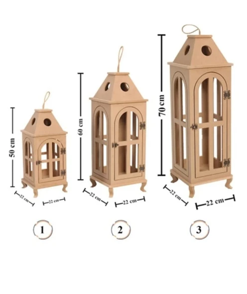 Ahşap Mdf Boyanabilir Dekoratif Fener Şamdan Mumluk( 3' Lü Set ) ürün görseli 1