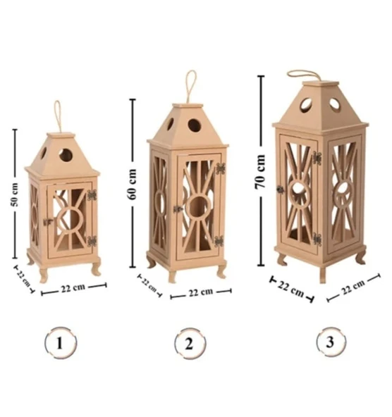 Ahşap Mdf Boyanabilir Dekoratif Fener Şamdan Mumluk( 3' Lü Set ) ürün görseli 1