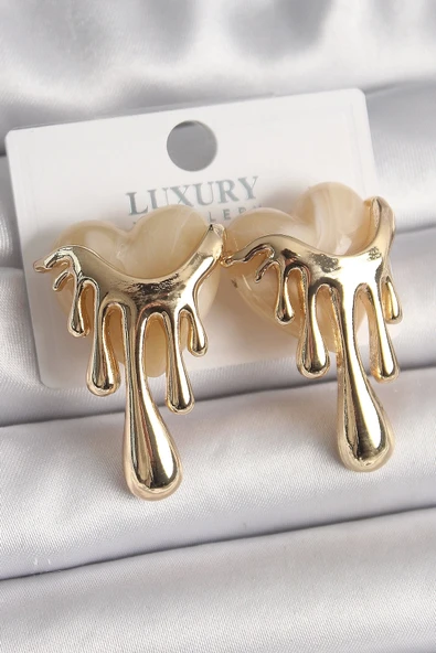 Mey İthalat® Pirinç Gold Renk Beyaz Sedefli Akan Kalp Model Kadın Küpe ürün görseli 1