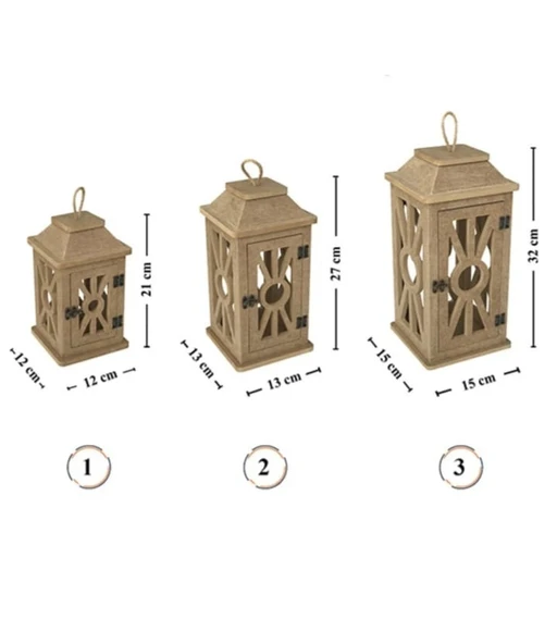 Ahşap Mdf Boyanabilir Dekoratif Fener Şamdan Mumluk( 3' Lü Set ) ürün görseli 1