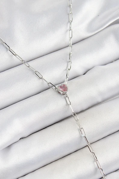 Mey İthalat® Pirinç Zirkon Taşlı Pembe Kalp Figürlü Y Model Gümüş Renk Kadın Kolye ürün görseli 1