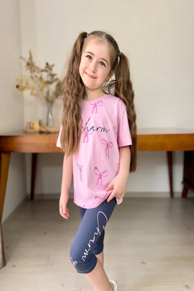 Fiyonk Desenli Kız Çocuk Pembe Renk Taytlı Takım ürün görseli 1