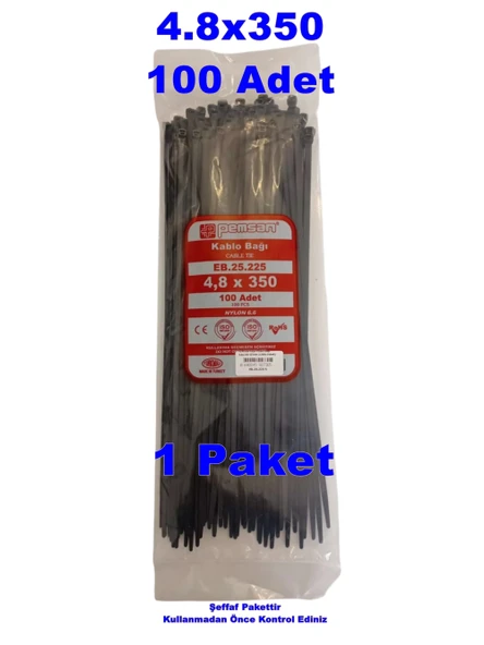 PEMSAN Klips Kablo Bağı 4.8x350 SİYAH (100lü Paket) Kablo Cırdı ürün görseli 1