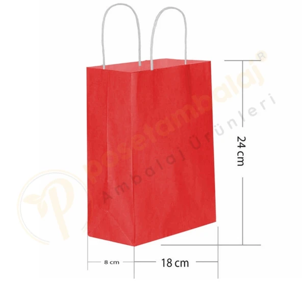 Kırmızı Kraft Çanta Küçük Boy 18x8x24 cm 25 Adet ürün görseli 1
