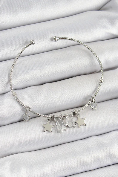 Mey İthalat® Pirinç Zirkon Taşlı Kelebek Ve Yıldız Model Gümüş Renk Charm Bileklik ürün görseli 1