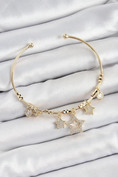 Mey İthalat® Pirinç Zirkon Taşlı Yıldız Model Gold Renk Charm Bileklik ürün görseli 1