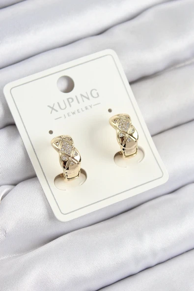 Mey İthalat® Xuping Zirkon Taşlı Geometrik Desenli Halka Model Gold Renk Kadın Küpe ürün görseli 1