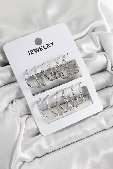 Mey İthalat® Pirinç Karışık Halka Model Gümüş Renk 6 Çift Kadın Küpe Set ürün görseli 1