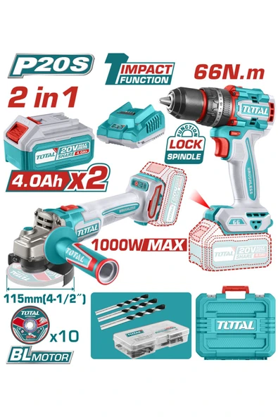 TOTAL AKÜLÜ SET - DARBELİ MATKAP ve AKÜLÜ TAŞLAMA 2x4 AH AKÜ TCKLI20273E ürün görseli 1