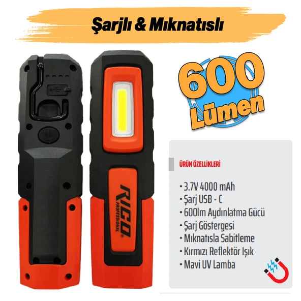 Mıknatıslı Şarjlı Ledli El Feneri 600 Lümen Lambası Spor Kamp Fener SOS & UV Mavi Işık Oto Tamir ürün görseli 1