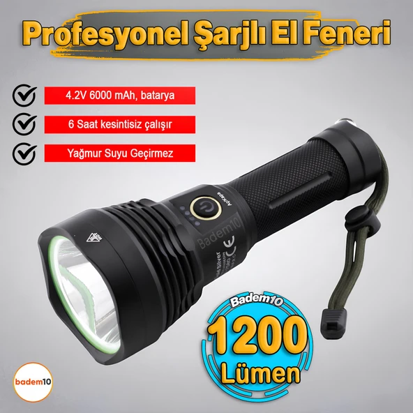 El Feneri 1200 Lümen Uzun Menzil 20W 6000 mAh Şarjlı Powerbank Ledli Işık Lambası Su Geçirmez Kamp ürün görseli 1