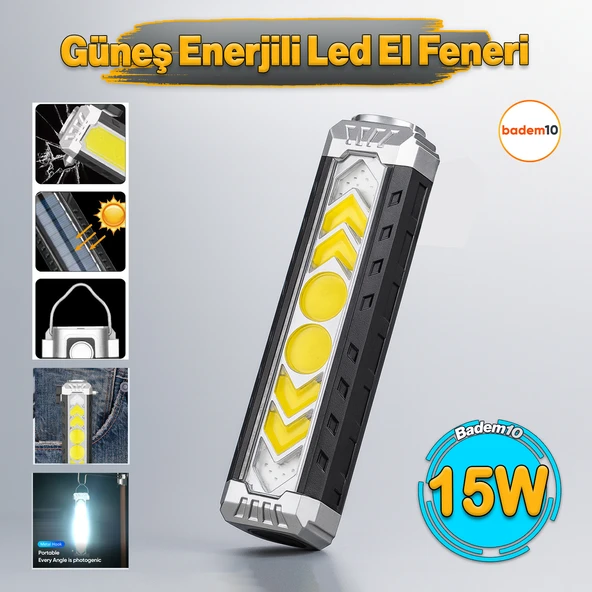 El Feneri Güneş Enerjli Ledli 15W Şarjlı Mıknatıslı Askılı Kamp Taktik El Feneri Su Geçirmez ürün görseli 1