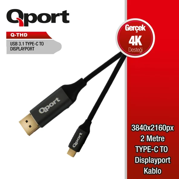 QPORT Q-THD TYPE-C TO DISPLAY PORT 4K 2MT CEVIRICI KABLO ürün görseli 1