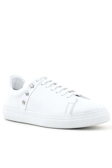 Hakiki Deri Kadın Beyaz Bağcıklı Yıldızlı Sneaker Ayakkabı ürün görseli 1